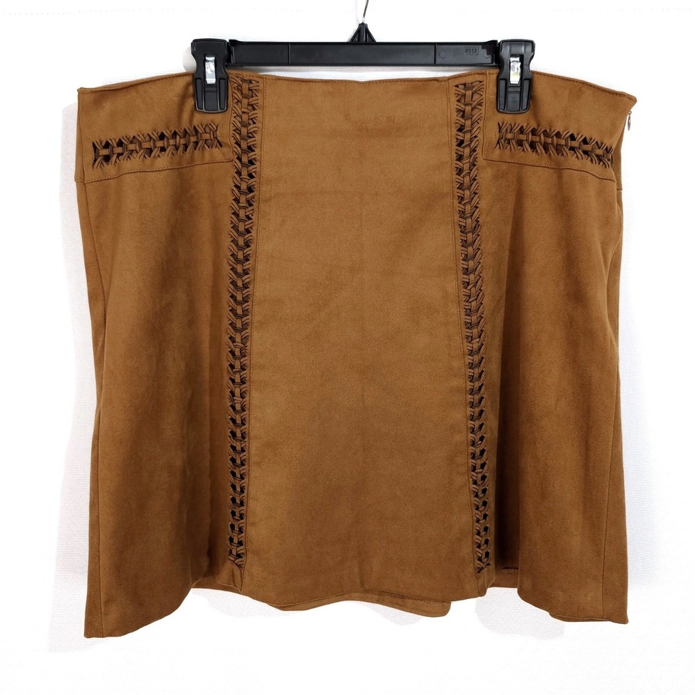 Cato Faux Suede Braided Whipstitch Mini Skirt 16W Brown Western Chic Boho Lined